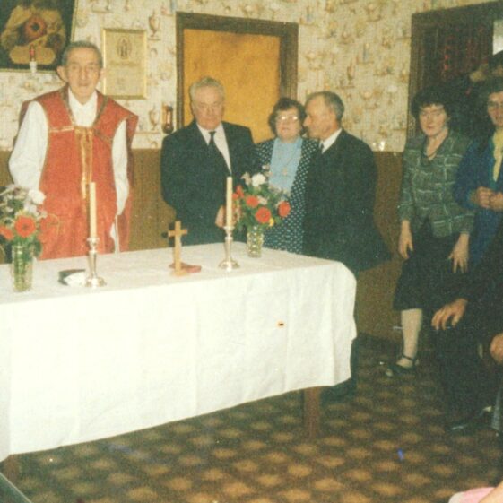 Out-and-About-2011-Memory-Lane-004 Stations in Fahy's, Tygreenane L-r: Archdeacon Conor Heaney, P.P., Martin Fahy, Mary Fahy, Tomy Rooney, Nellie McDonnell, Mary McWalter, John Cunningham, all of Tygreenane and Frances Nalty, Togher. | Out and About 2011 - Memory Lane, P. 17