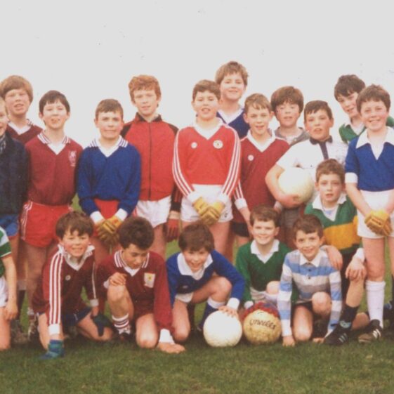Cahergal-footballers 1990 Cahergal NS footballers 1990 - Back row l-r: M. Creaven, Barry Staunton, A. Ryder, P. McGrath, B. Nalty, D. Moggan, D. Fahy, R. Niland, M. Flesk, John Paul Ryder, M. Nalty, T. Noone, Eugene Cooney, ? Kelly, Ger Cooney,
Front row l-r: Alan Heneghan, Donal Williams, Cathal Heneghan, Brian Fay, Brendan Tierney, Sean Kilkelly, and Eoin Jennings | Image: Oliver Forde
