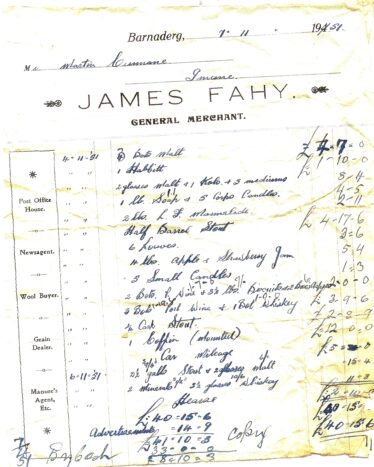 Invoice dated 7th November, 1951 for funeral provisions from James Fahy's shop, Barnaderg | Donated by John Cunnane, Imanemore