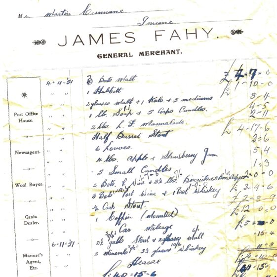 Invoice dated 7th November, 1951 for funeral provisions from James Fahy's shop, Barnaderg | Donated by John Cunnane, Imanemore