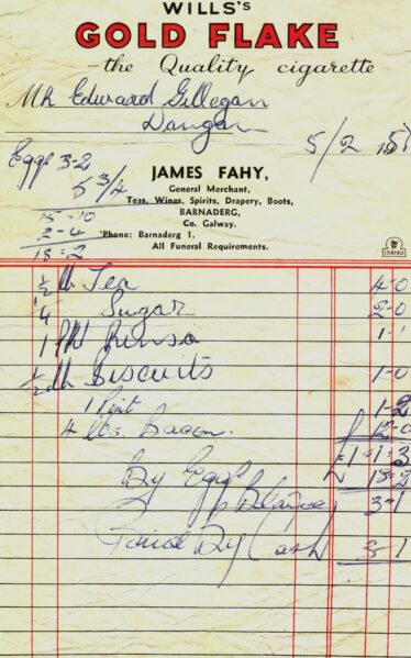 Invoice dated 5th February, 1957 from Fahy's shop, Barnaderg  | Donated by Jimmy Gilligan R.I.P. Dangan
