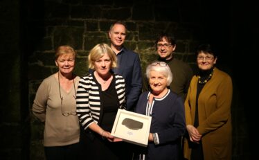 L-r: Committee member, Maura Flannery;  Marie Mannion, Heritage Officer, Galway Co. Council, who was presented with a piece of slate from the roof of Ballyglunin Station; committee member, Mark Gibson; chief organiser, Maria Heneghan;  Colm Murray, Architectural Officer, Heritage Council of Ireland and committee member ? | Photo: Ballyglunin Restoration committe - courtesy of Mark Gibson
