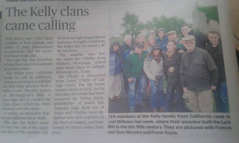 According to a 1810 dated will, an ancestor of the Kelly family built Lack Mill. Members of the Kelly family  from California visited the mill which can be viewed on our Clare River walk.  | Published in The Tuam Herald on Wednesday 19th August 2015