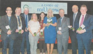 Booklet Launched: Nick Skehan,  Cathaoirleach of  County Galway Michael Connolly, Tony Murphy (Committee), Liz Gardiner, Pauline Connolly, Minister Mary Mitchell O'Connor, Frank Glynn (Committee), Michael Rhatigan (Committee) and Minister Sean Canney at the launch of the Milltown Heritage Trail booklet | Johnny Ryan