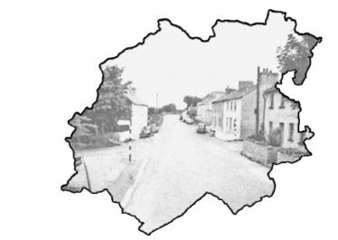 A photo of Moycullen in times past, set in the outline of the townlands of Moycullen  | Photo Credit Moycullen Historical Society