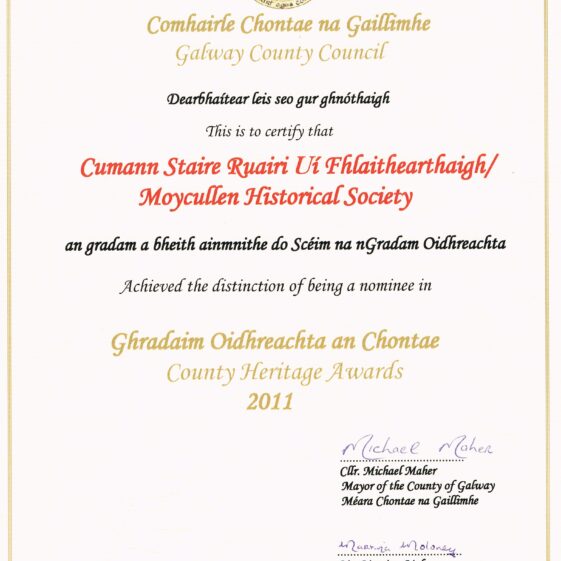 Cert for Nomination in County Heritage Awards 2011  | Photo Credit Moycullen Historical Society