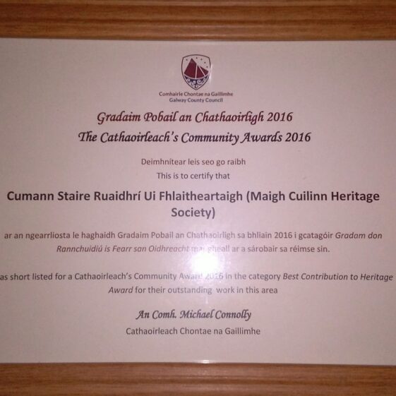 Short List Certificate for Cathaoirleach's Community Awards 2016 | Moycullen Heritage