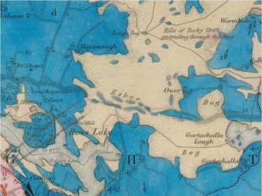 First Edition (1869) Geological Survey of Ireland Map. This map shows the esker crossing the landscape from Killannin to Tullokyne. Notice how the road follows the ridge of the esker.