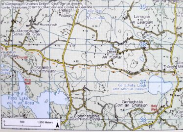 Ordnance Survey of Ireland Discovery Series 1: 50000 map shows the esker (orange dotted line) crossing the landscape from Killanin to Tullykyne.