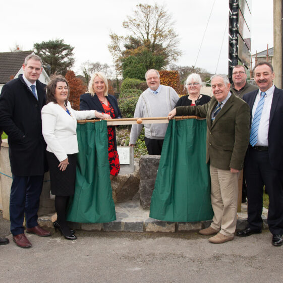 Back Row are Moycullen Heritage's Hazel Morrison, Tomas O'Cadhain, Mary O'Shea and Richard Long. Front Row: Cllr. Tomás Ó Curraoin, Minister of State Sean Kyne TD, County Cathoirleach Eileen Mannion, Author & Historian Peadar O'Dowd, Cllr. Séamus Walsh and Heritage officer for County Galway Marie Mannion.