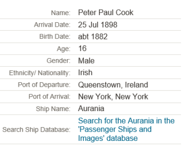 Peter Paul Cooke arrival in USA