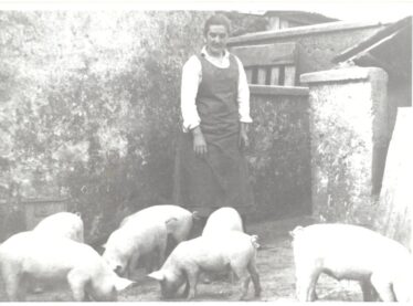 Rachel Seale, Alf's grandmother with bonhams in their yard