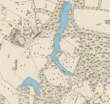 1st Edition Ordnance Survey Map showing the lake and fish pond highlighted in blue | www.archaeology.ie