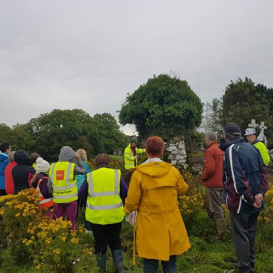 Christy Cunniffe explains how to identify a medieval wall at remains of Killaan Church | Cathy Seale 2017