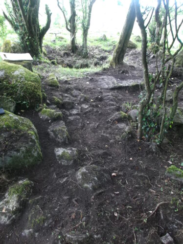 Looking west showing wall of structure. Well at top of picture