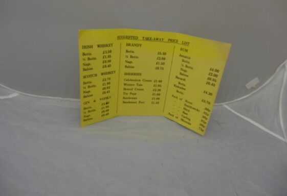 Yellow card take-away price list