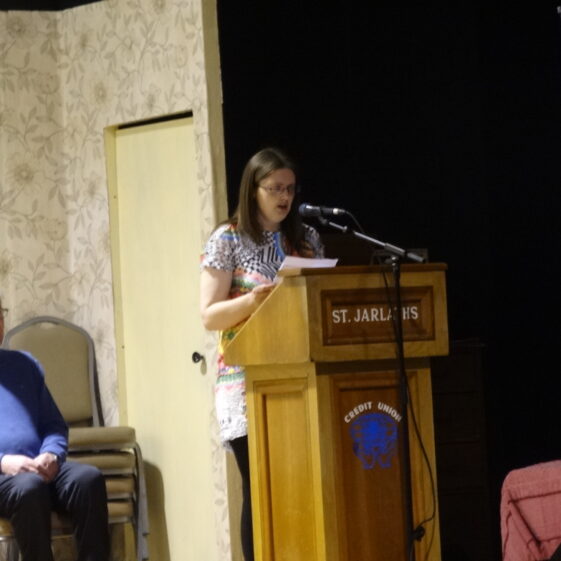 Pauline Connolly from Milltown Heritage, speaking about the work that went into the project and how impressed she was with the variety and quality of the work done by the children