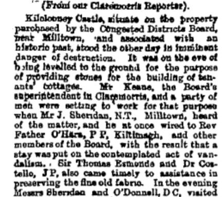 Threatened Destruction of Kilclooney Castle