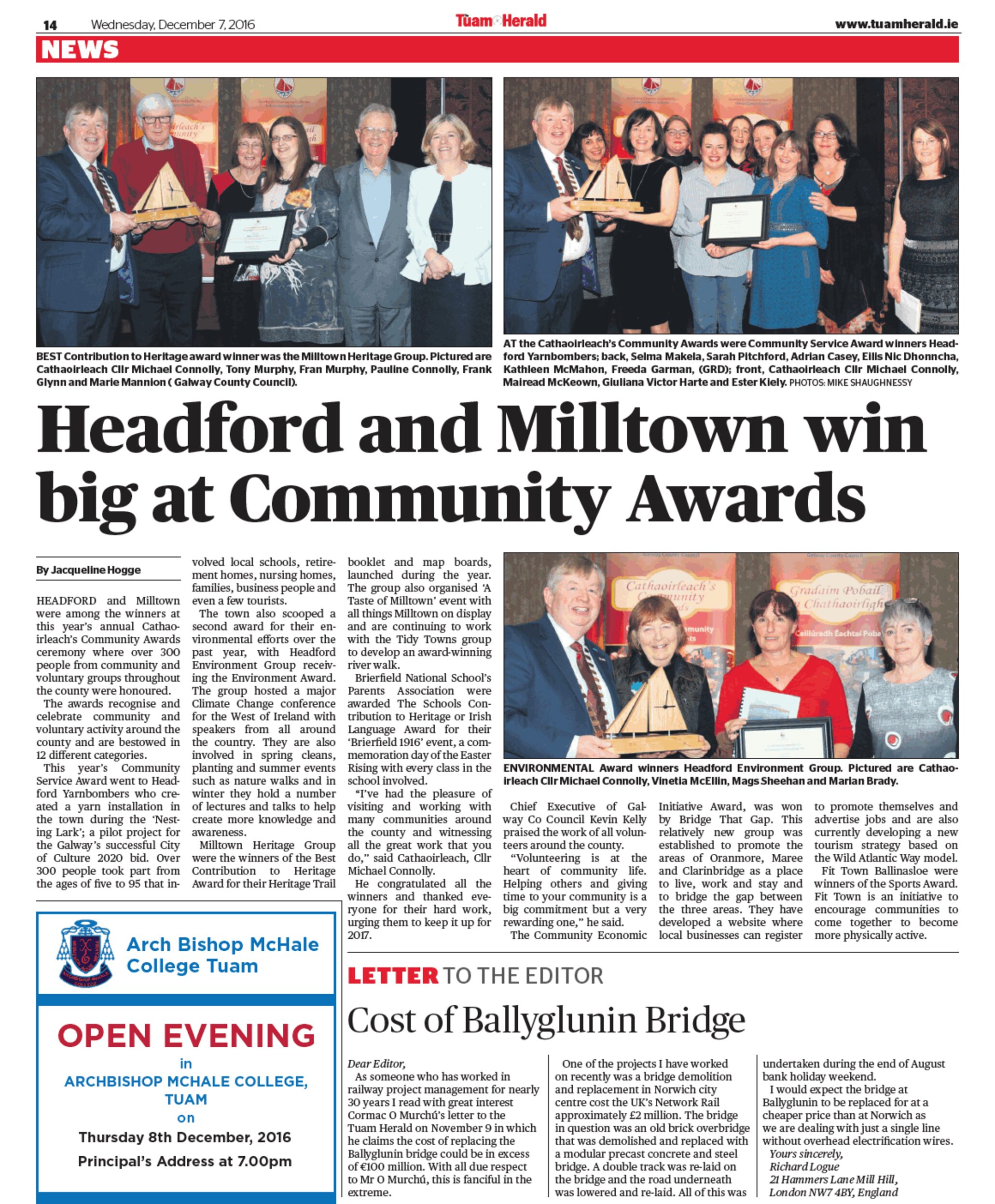 Headford and Milltown win big at Community Awards