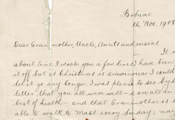 M104: Australia Letter believed from Eliza Mary or John Patrick Joseph McHugh to Kate McHugh, Michael McHugh and Honour Godwin