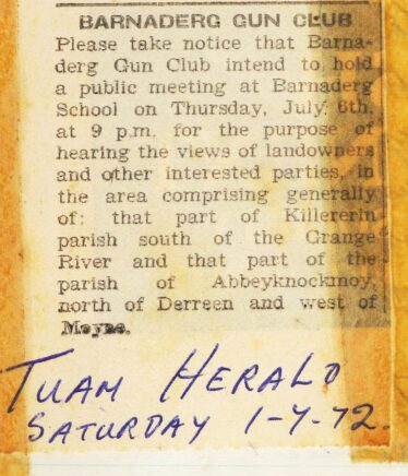 Notice in Tuam Herald re inaugral meeting of Gun Club | Gun Club secretary, James Langan