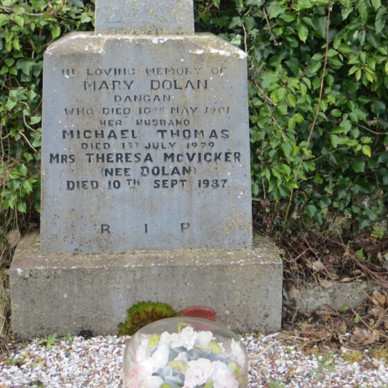 Dolan-Thomas-McVicker-Dangan-Grave-42 Grave 4: Inscription on celtic cross of the grave of Mary and Michael Thomas Dolan and Mrs. Theresa McVicker nee Dolan | Bernadette Forde, Killererin Heritage Society