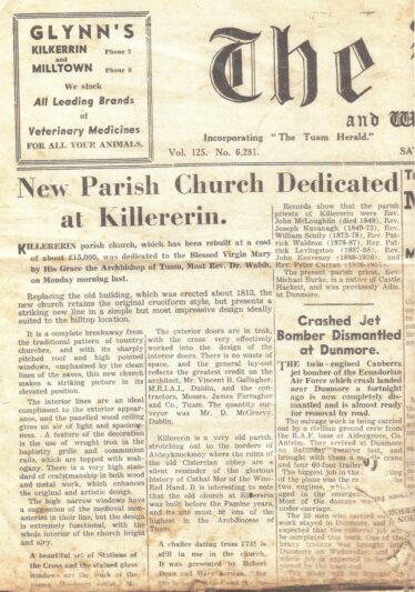 Tuam Herald article of Saturday, 8th September, 1962 re the dedication of St. Mary's Church, Killererin  | Murgeal Fahy