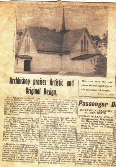 1962 Tuam Herald article re the dedication of St. Mary's Church, Killererin by Archbishop of Tuam | Murgeal Fahy