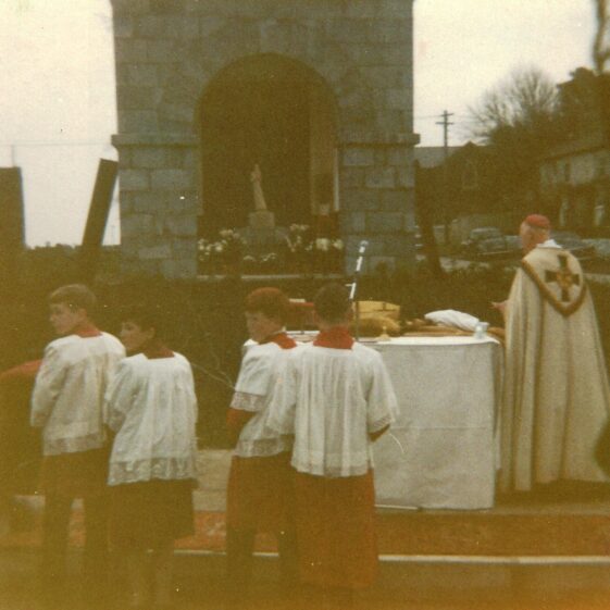 Corpus Christi Barnaderg at the grotto opposite Stone's Centra shop.  Note the original statue of the Blessed Virgin by Daithi Hanley.  The priest is Fr. Patrick Jennings | Photo by the late Phil Fahy, Carrowmanagh