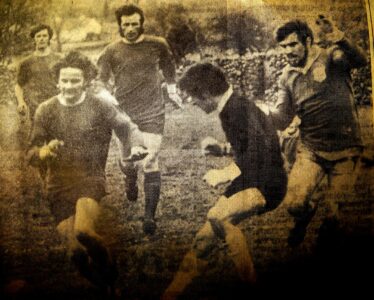 Killererin men contesting the match with Stephen Flaherty out on front left. | Photo: Tuam Herald April, 1972 give to us  by Stephen Flaherty, Tuam