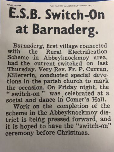 ESB Switch-On at Barnaderg | Extract from Tuam Herald December, 1953