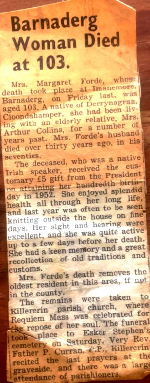 Death notice of Mrs. Margaret Forde at 103 | Killererin Heritage Society