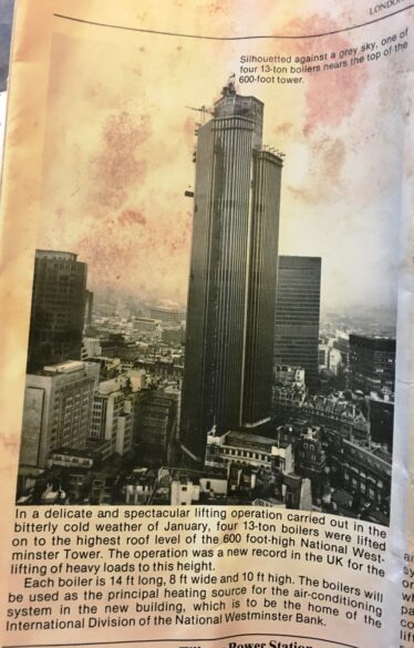 Newspaper cutting describing the delicate work required competing the Nat West tower. | Newspaper cutting: Paddy Forde