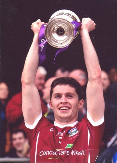 1 May 2011; Galway captain Colin Forde holds aloft the Tom Markham Cup | https://www.sportsfile.com/more-images/1105002/5000/
