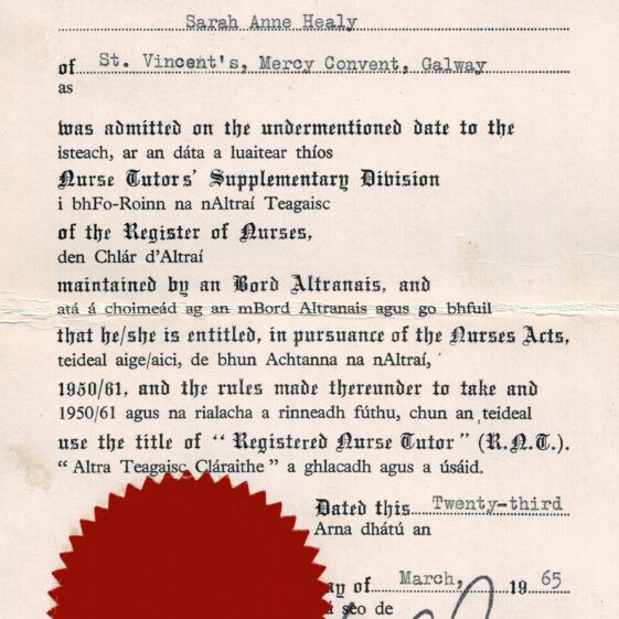 Nurse Tutor 1965 - Sr. Imelda Healy Certificate - Nurse Tutor - Sr. Imelda Healy | Source: Her niece Collette Lynskey