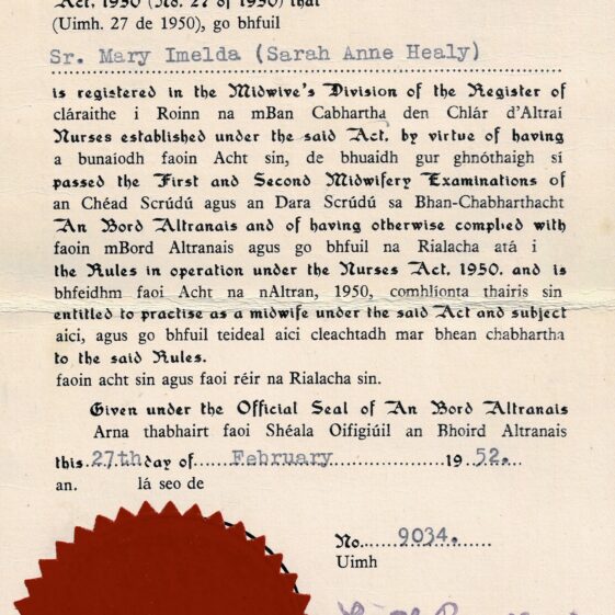 Registered Midwife - Sr. Imelda Healy Certificate - Midwife - Sr. Imelda Healy | Source: Her niece Collette Lynskey