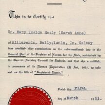 Cert -Registered Nurse - Sr. Imelda Healy Cert -Registered Nurse - Sr. Imelda Healy | Source: Her niece Collette Lynskey