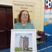 Diane with a painting presented to her by the committee of Barnaderg Castle painted by a local artist Diane holding a painting of Barnaderg Castle presented to her by Eileen on behalf of the committee in appreciation of all her hard work | Photo: Bernadette Forde