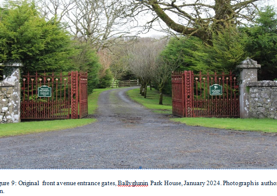 Original front avenue entrance gates, Ballyglunin Park House, January 2024 | Photo: Catherine Forde