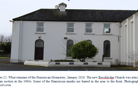 Fig. 12 - what remains of the Fransiscan Monastery, January 2024. The new Brooklodge Church was attached to this section in the 1940s. Some of the Fransiscan monks are buried in the area to the front. | Photo: Catherine Forde