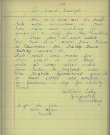 Famine story written by Kathleen Fahy, Gurranebeg for the Schools Folklore Collection 1937/1938 | An Duchas Schools Folklore Collection