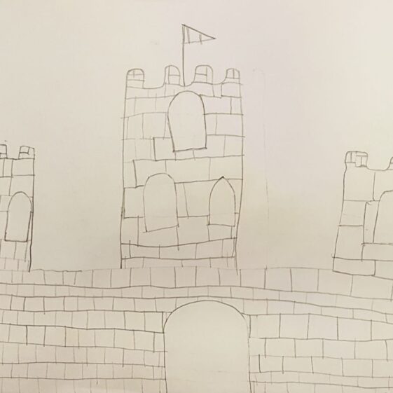 by Lucy Anderson Stone Castle with three towers and big door to the front | Lucy, Age 7