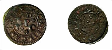 Showing front and back of circular token used for trading purposes in seventeenth century Ballinalso