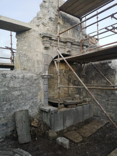 Wall Tomb within northern wall of transerpt chapel and Abbeygormacan, refurbished, supported with scaffolding