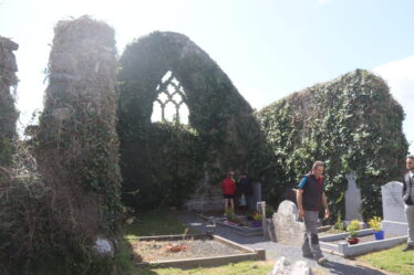 Arched window in gable wall of St. Kerrills Abbey. Rebuilt after it collapsed in eighties.