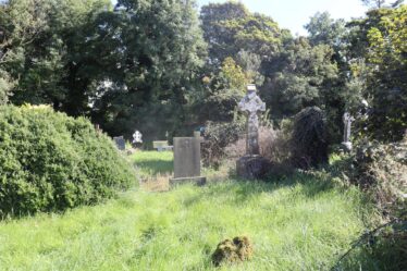 Kilcroan Graveyard. Two Gravestones stand in the centre of the image surrounded by trees and bushes. About 3 Gravestones can be seen in the distant left. The right most grave is a large stone cross