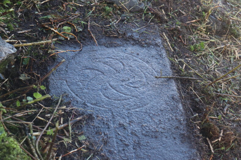 spiral detail withina cirlce carved into limestone partially revealed | B. Doherty 2022