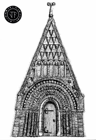 Detail of arched doorway with numerous carvings.