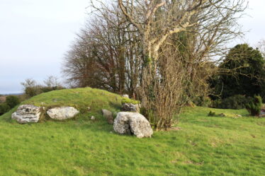 Circular shaped grassed over mound with large stones around the circumference, a tree growing beside it.