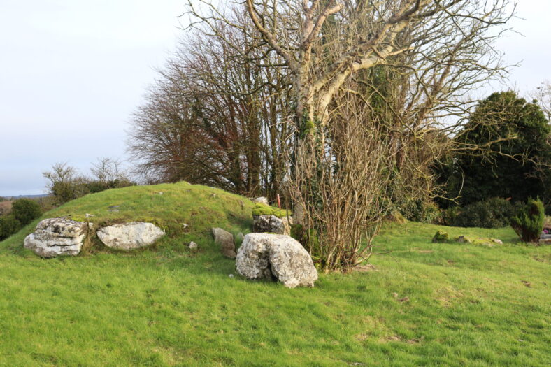 Circular shaped grassed over mound with large stones around the circumference, a tree growing beside it. | B. Doherty 2023